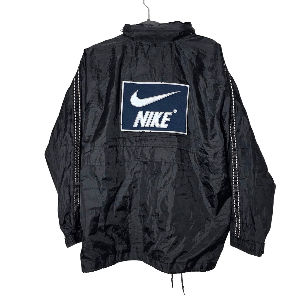 Nike Vintage Windbreaker Jacket Black Big Logo Full Zip Hooded Mens Large